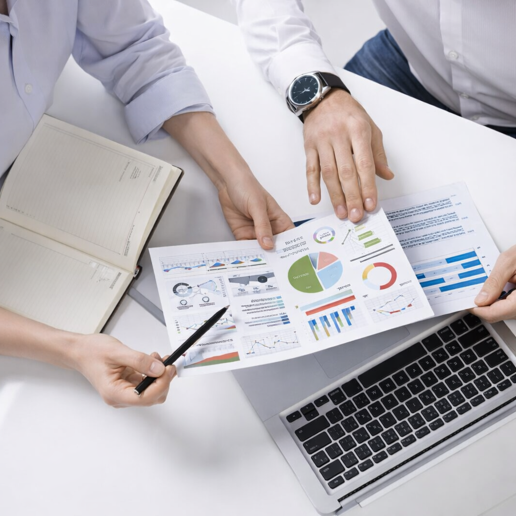 Professional team analyzing financial charts and reports on a laptop at office – RAHUL KHATRI & ASSOCIATES